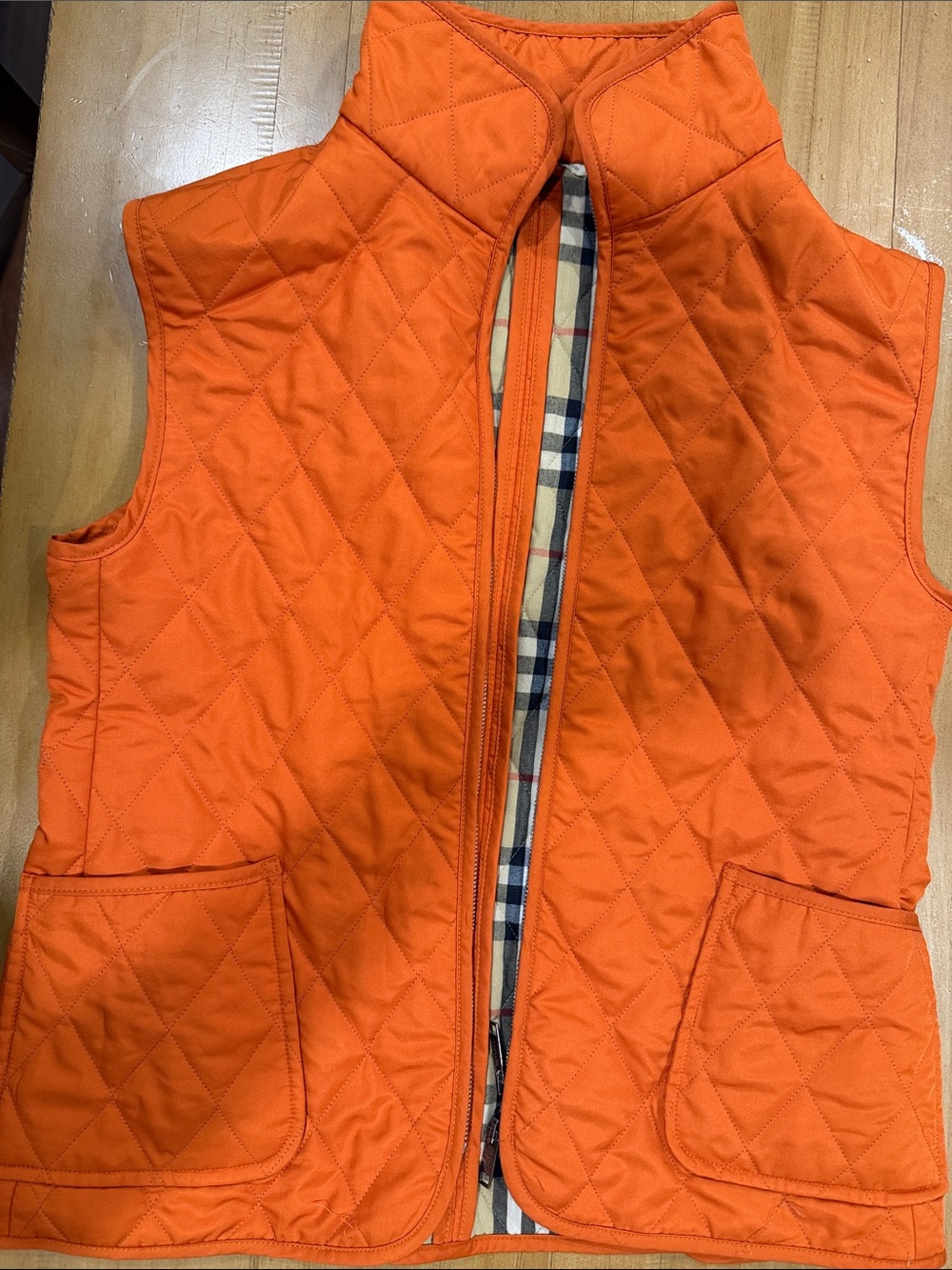 Burberry Orange Quilted Woman’s Small Vest with Signature Check Trim